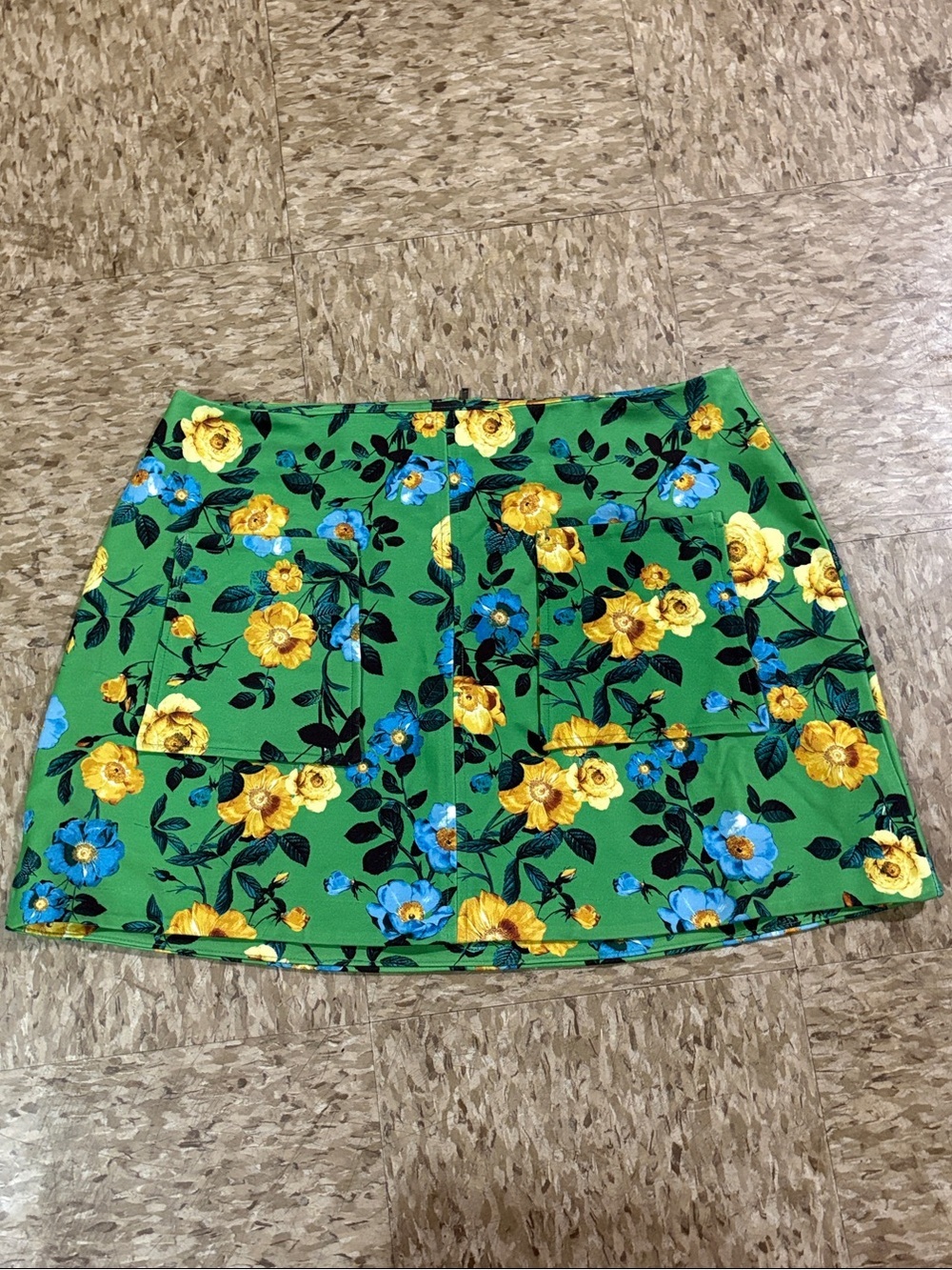 Maeve by Athropologie Green Floral Mini Skirt with Yellow and Blue Blooms